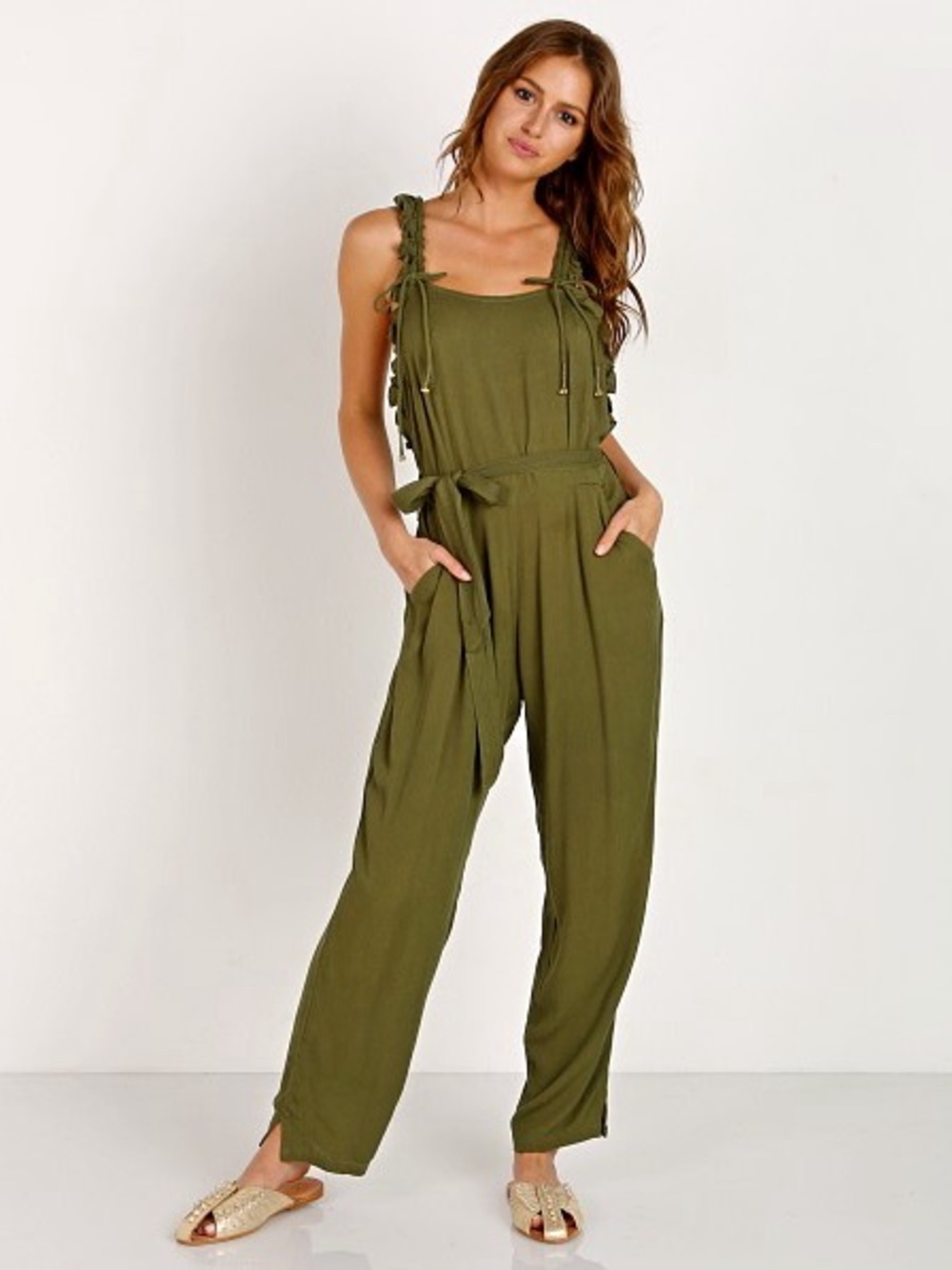 Cleobella Olive Green Bencia Jumpsuit Size S Ruffle Tie Strap Army Cargo Boho